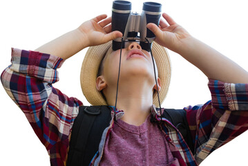 Boy in hat looking through binocular