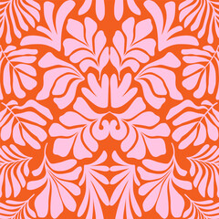 Orange pink abstract background with tropical palm leaves in Matisse style. Vector seamless pattern.
