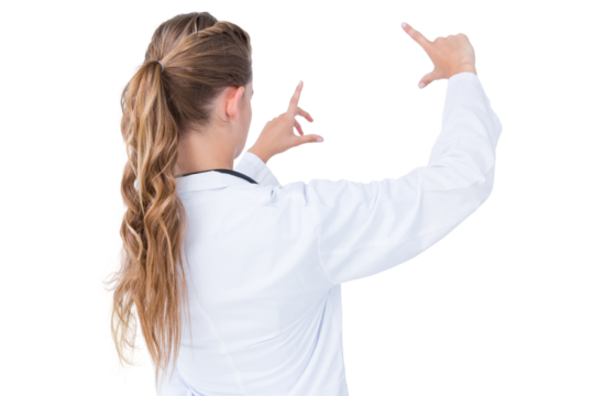 Doctor looking through finger frame 