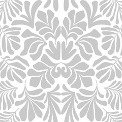 White gray abstract background with tropical palm leaves in Matisse style. Vector seamless pattern.