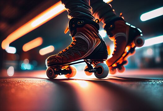 Someone roller skating on lit rink from a low angle. Generative AI