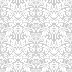 White gray abstract background with tropical palm leaves in Matisse style. Vector seamless pattern.