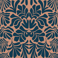 Brown blue abstract background with tropical palm leaves in Matisse style. Vector seamless pattern.