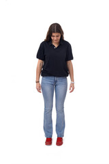 Fototapeta premium front view of young girl looking down the floor on white background