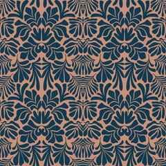 Brown blue abstract background with tropical palm leaves in Matisse style. Vector seamless pattern.