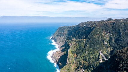 Drone image of the coast at Miradouro Terras de Fora on Madeira in Portugal