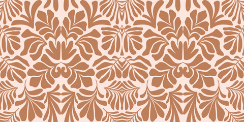 Brown beige abstract background with tropical palm leaves in Matisse style. Vector seamless pattern.