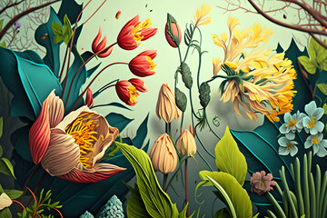 Spring. Illustration of fresh spring flowers. Tenderness, love and romance. Generative AI