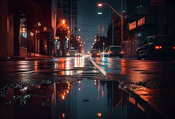 A wet urban roadway under the night sky. Generative AI