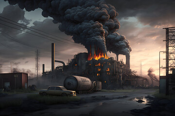 Environmental disaster. Fire and emissions of toxic substances into the environment. Air pollution. An industrial plant is on fire. Generative AI, illustration.