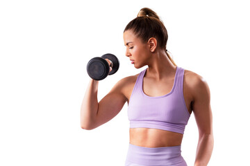 Fit young woman exercising with weights. Strong muscles, core and arms. PNG file with transparent background. 
