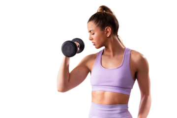 Fit young woman exercising with weights. Strong muscles, core and arms. PNG file with transparent background. 
