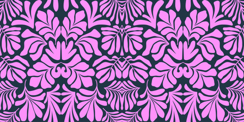 Purple pink abstract background with tropical palm leaves in Matisse style. Vector seamless pattern.