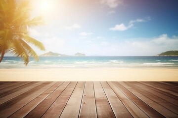 Product background for montage, empty wooden surface with blurred sea beach and palms on the background. generative ai.