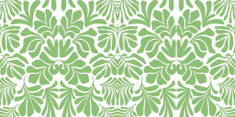 Green white abstract background with tropical palm leaves in Matisse style. Vector seamless pattern.