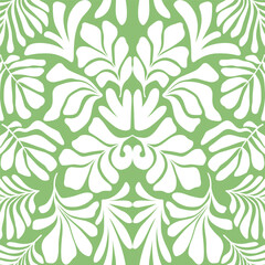 Green white abstract background with tropical palm leaves in Matisse style. Vector seamless pattern.