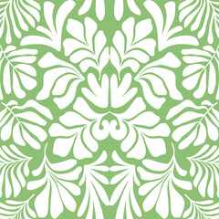 Green white abstract background with tropical palm leaves in Matisse style. Vector seamless pattern.