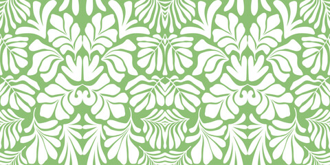 Green white abstract background with tropical palm leaves in Matisse style. Vector seamless pattern.