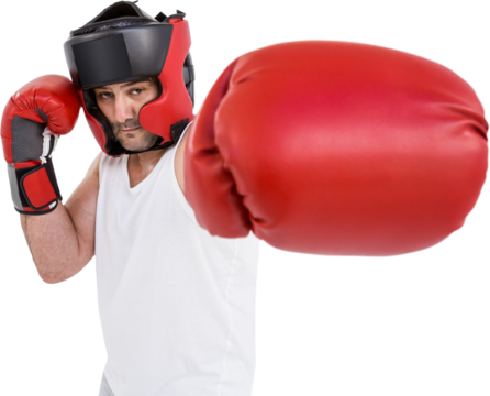 Boxer wearing head protector and gloves - Powered by Adobe
