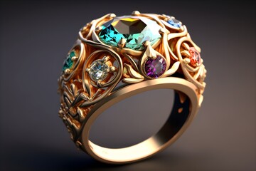 Beautiful Luxury Gold Ring With Colorful Diamond Stone. Created with Generative AI Technology