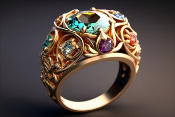 Fototapeta premium Beautiful Luxury Gold Ring With Colorful Diamond Stone. Created with Generative AI Technology