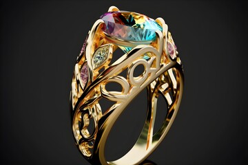 Fototapeta premium Beautiful Luxury Gold Ring With Colorful Diamond Stone. Created with Generative AI Technology