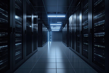 Fototapeta premium Big data center with server racks. Server room interior. Digital technology hardware. Created with Generative AI