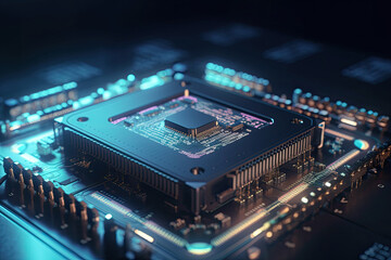 Fototapeta na wymiar Quantum microchip processor on circuit board. Futuristic digital technology. Created with Generative AI