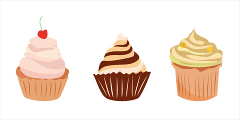 Set of different delicious cupcakes vector illustration. Cartoon tasty cupcakes in pastel colors. Collection of dessert: cakes, cupcakes, pastry, biscuit with candles and berries. For birthday cards.