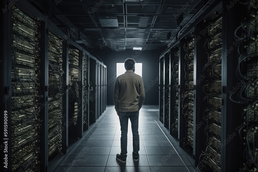 Poster male specialist standing in server room. maintenance of racks with databases for storage. engineer i
