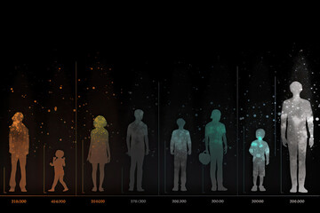 Different generations of family stand together against dark abstract background. Genealogical history of generations, preservation of the memory of relatives. Created with Generative AI