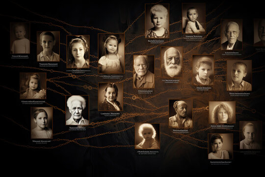 Family tree with portraits of relatives. Genealogical history of generations, preservation of the memory of relatives. Created with Generative AI