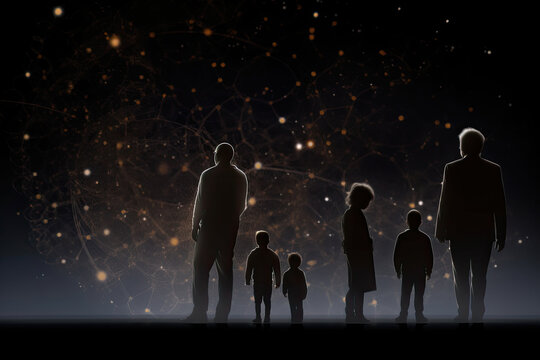 Different generations of family stand together against dark abstract background. Genealogical history of generations, preservation of the memory of relatives. Created with Generative AI