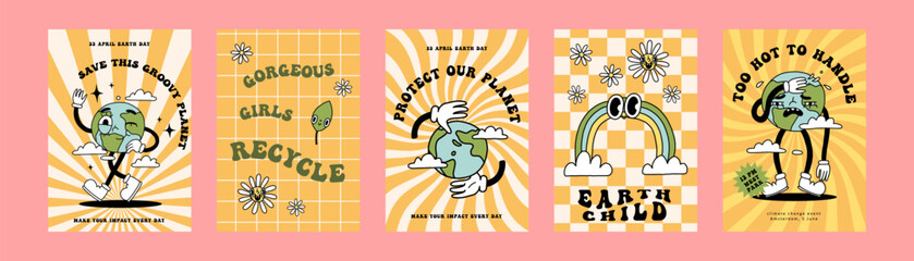 Groovy y2k retro eco cartoon poster set. Happy earth day ecology cards templates, eco design collection. Environment day trendy posters. Isolated on bright background. Ecological vector illustration