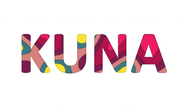 Multi-colored inscription Currency name KUNA with colored spots floating inside. Looped from frame 120 to 839, Alpha BW at the end