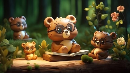 Teddy bear and his bear friends walking through the forest. 3d generated AI