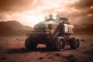 A vehicle for the colonization of Mars. Composite with different elements made with generative AI.