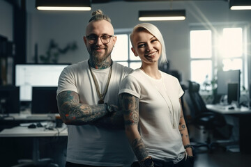 Proud tattooed couple standing in their company office. Composite with different elements made with generative AI - Powered by Adobe