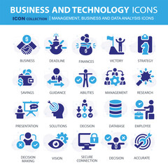 Business, data analysis, organization management and technology icon set. Teamwork, strategy, planning, marketing, cloud technology, data analysis, employee icon set. Icons vector collection	
