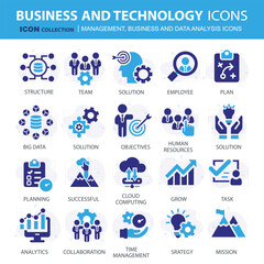 Business, data analysis, organization management and technology icon set. Teamwork, strategy, planning, marketing, cloud technology, data analysis, employee icon set. Icons vector collection	
