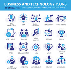 Business, data analysis, organization management and technology icon set. Teamwork, strategy, planning, marketing, cloud technology, data analysis, employee icon set. Icons vector collection	
