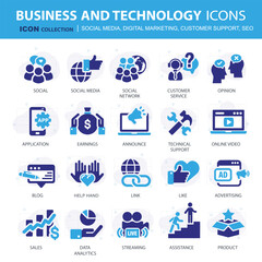 Business, data analytics, organization management icons. Social media, digital marketing, customer support and seo icon set. Vector icon collection