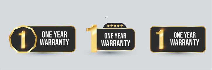 1 year warranty labels. One Year warranty label in golden color. Warranty card stamp or banner for service provider. Stars and One year label, tag, stamp. One year warranty card. Three options tags.