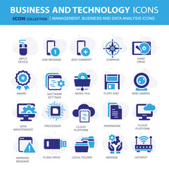 Business and marketing, programming, data management, internet connection, social network, computing, information. Flat vector illustration	
