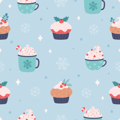 Christmas seamless pattern with hot drinks, cupcakes, snowflakes. Christmas sweets. Vector illustration in flat style