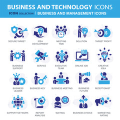 Business and marketing, management, find job, meeting, teamwork collection. Set of blue icons set. Flat vector illustration