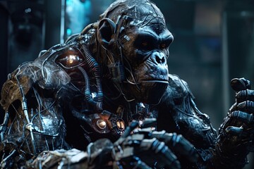 Fierce and dangerous chimpanzee with implants and cybernetic enhancement. Dystopian model of convergent evolution. Generative AI