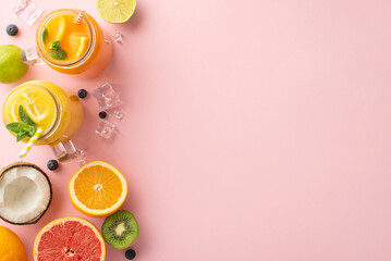 Add a touch of summer with this trendy flat lay top view of freshly squeezed citrus cocktails featuring oranges, lemons, limes, and grapefruits, set against a stylish pink backdrop with copyspace