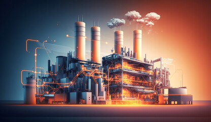 Obraz premium Modern factory, communication network. Telecommunication. IoT, Internet of Things, ICT, Information communication Technology,. Smart factory. Digital transformation, cloud connecting, generate by AI