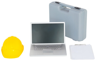 Laptop with carpentary equipment on white